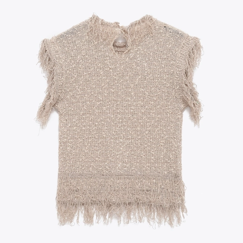 Canotta In Maglia Senza Maniche Da Donna Frange Nappine Girocollo Strutturato Poliestere Gilet Morbido Confortevole Streetwear Beige