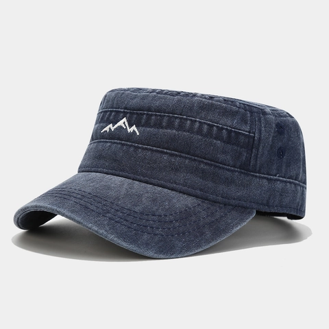 Vintage Washed Cotton Flat Top Cadet Hat Mountain Embroidery Adjustable Military Army Cap For Men Women Outdoor