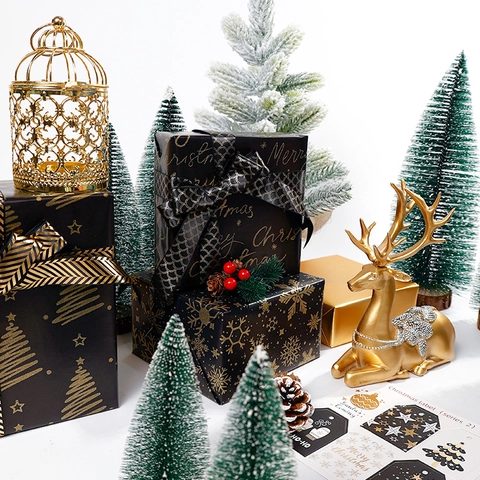 Christmas Gift Wrapping Paper Roll Gilt Coated Paper Luxury Black Gold White Snowflake Pine Tree Pattern Holiday Party