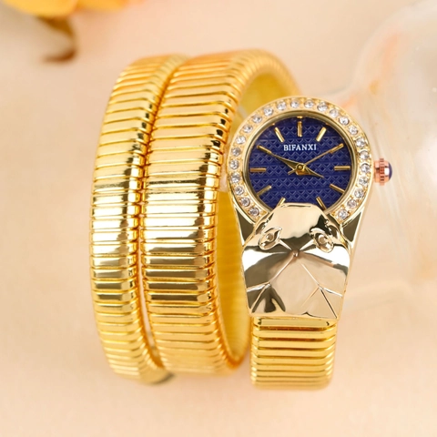 Women Snake Shape Wrap Around Bracelet Watch Luxury Stainless Steel Strap Rhinestone Analog Quartz Fashion Jewelry Wristwatch