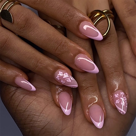 Uñas Postizas Con Forma De Almendra Estilo Francés Rosa Con Patrón De Flores Blancas Material ABS Brillante Para Mujeres Manicura Elegante