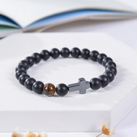Natural Stone Beaded Bracelet With Tiger Eye Matte Agate And Alloy Cross Charm Religious Greeting Card Gift For Men Women