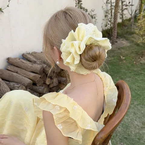 Lace Eyelet Embroidery Scrunchie Oversized Elastic Hair Tie With Long Ribbon Streamer For Women French Sweet Style