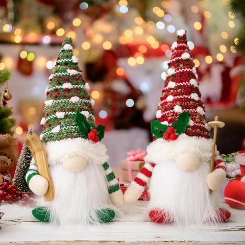 Gnome De Noël En Peluche Lumineux LED Poupée Sans Visage Bonnet Tricoté Avec Skis En Bois Décoration De Fête
