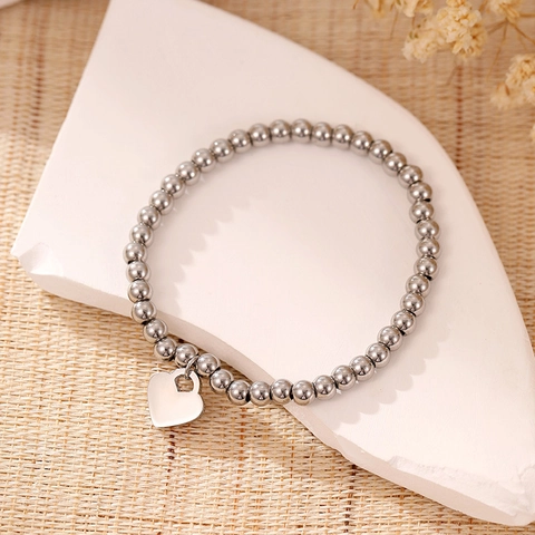 Bracciale A Perline In Acciaio Inossidabile Con Pendente A Cuore Lucido Tono Argento Gioielli Minimalisti Eleganti Da Donna
