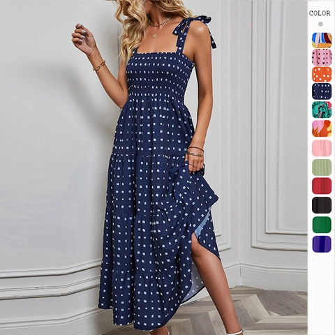 Donna Vestito Lungo Floreale A Strati Punto Smock Senza Maniche Schiena Scoperta Estate Spiaggia Vacanze Boho Spalline Annodate