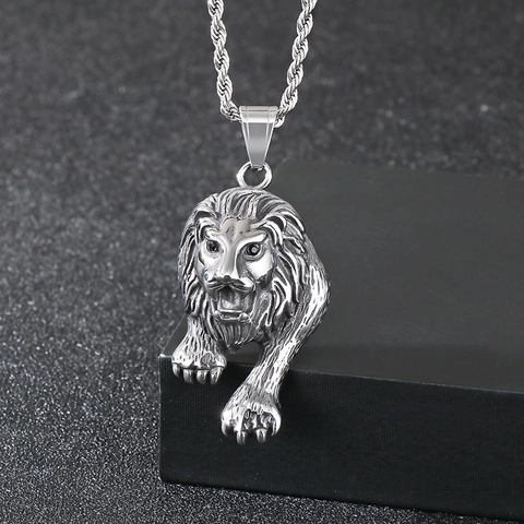 Lion Head Pendant Necklace Stainless Steel Red Rhinestone Eye Punk Animal Jewelry Gift For Men Cool Streetwear Accessory