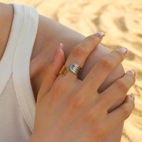 Anello Aperto Martellato Acciaio Inossidabile Oro E Argento Misto Pieghe Regolabile Gioielli Moda Donna