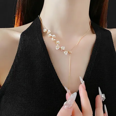 Collar Con Colgante De Flor Para Mujer Cobre Chapado En Oro Con Cristales Y Perlas Artificiales De Imitación Cadena En Y Elegante Ajustable