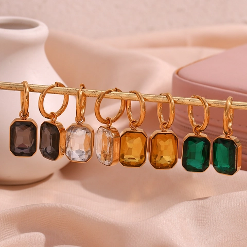 Fashion Stainless Steel Rhinestone Rectangular Pendant Earrings For Women Gold Plated Geometric Beveled Drop Earrings Jewelry