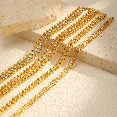 Bracciale a Strati in Acciaio Inossidabile Minimalista per Donna Placcato Oro Argento Catena a Serpente Perline Gioielli alla Moda