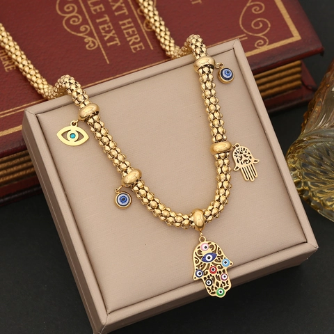 Hamsa Hand Evil Eye Halskette Armband Und Ohrringe Edelstahl Gold Vergoldet Emaille Charm Schmuck Für Damen