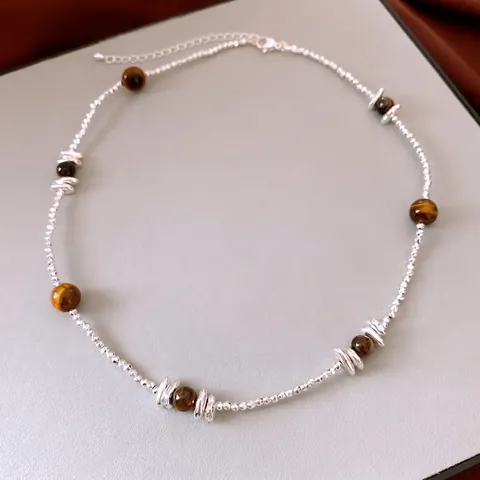 Tigerauge Perlenkette Retro Kupfer Rundstein Verstellbare Halskette Vintage Stil Schmuck Für Damen