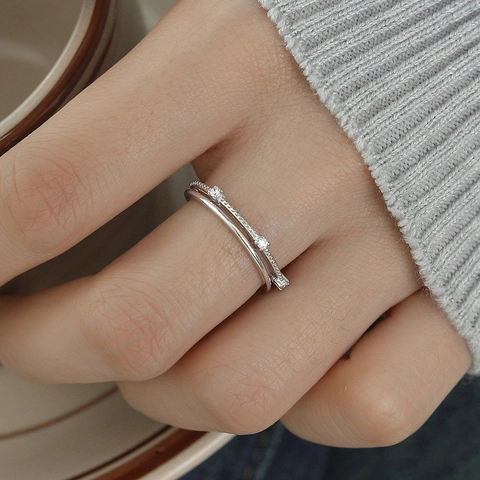 Anello Aperto a Doppio Strato in Argento Sterling 925 Minimalista per Donna Anello Regolabile con Intarsio in Zirconia Geometrico Impilabile