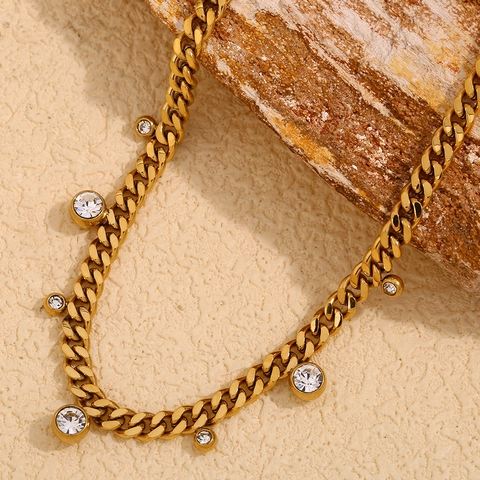 Collar de Cadena Cubana Con Colgante Redondo de Acero Inoxidable y Strass para Mujer Joyas Geométricas Chapadas en Oro