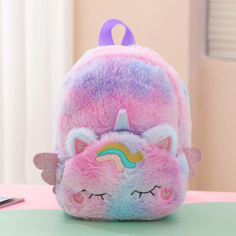 Süßer Cartoon Einhorn Plüsch Rucksack Für Mädchen Kinder Macaron Farbverlauf Schultasche Mit Pailletten Flügeln Bestickter Tagesrucksack
