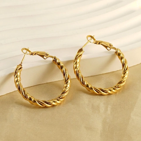 Twisted Rope Hoop Earrings Stainless Steel 18K Gold Plated Round Spiral Texture Niche Design For Women