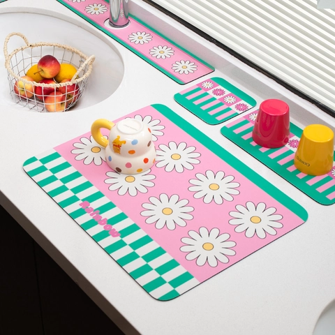 Diatomite Mud Absorbent Mat Sink Splash Guard Daisy Floral Pattern Fast Drying Countertop Protector Non Slip Coaster