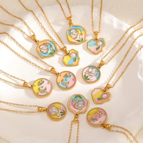 Collana Con Ciondolo Fiore Cuore Stella Luna Vintage Acciaio Inossidabile 304 Smalto Colorato Perla Artificial Sintetica Gioielli Donna