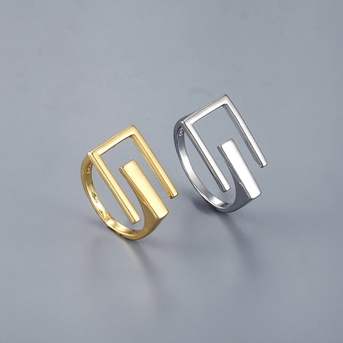 Geometric Interlocking Rectangle Open Adjustable Ring 925 Sterling Silver Minimalist Jewelry For Women Men