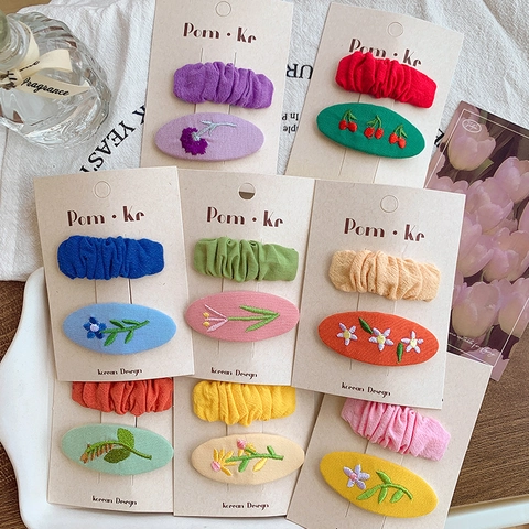 Embroidered Fabric Hair Clips For Kids Floral Pleated BB Hairpins Cute Korean Style Girls Headwear