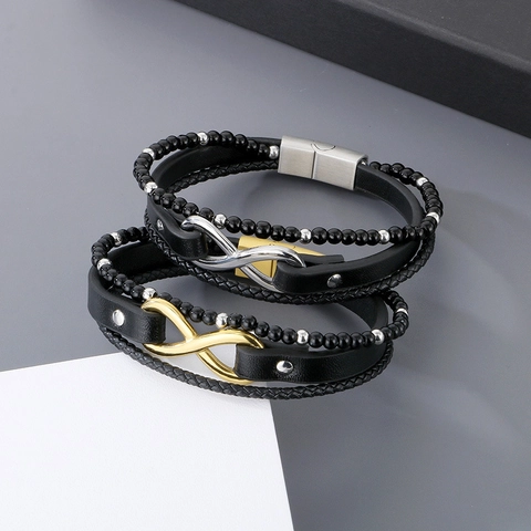 Men Multi-Layer Leather Bracelet Stainless Steel Infinity Symbol Braided Agate Beads Magnet Buckle Vintage Jewelry
