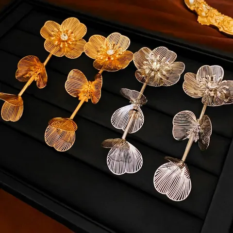 Orecchini Pendenti Con Fiori Cavi Vintage Per Donna Lega Strass Nappa Lunga Elegante Gioielli Di Moda Con Perno In Argento