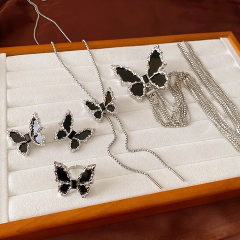 Gothic Black Butterfly Jewelry With 925 Sterling Silver Earring Post Stud Earrings Necklace Ring Alloy Textured For Women