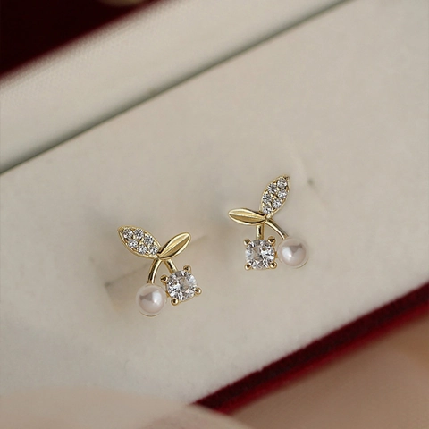 Cherry Stud Earrings For Women With 925 Sterling Silver Earring Post Zircon Artificial Pearl Sweet Fruit Jewelry