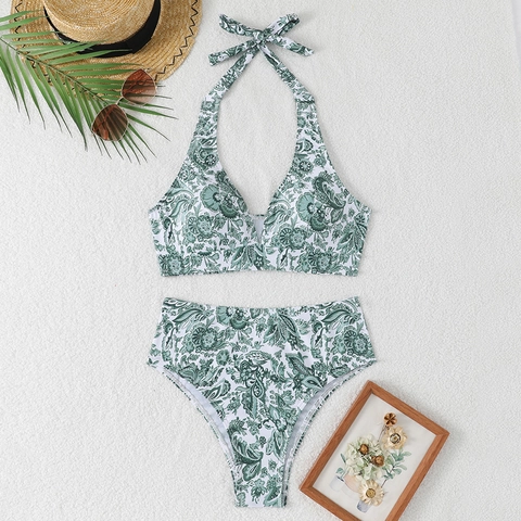 Halter Bikini Top Und High Waist Hose Badeanzug Paisley Print Polyester Boho Sommer Damen