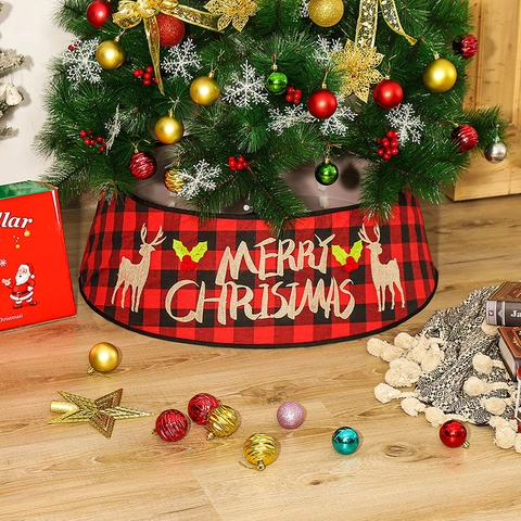 Weihnachtsbaumständer Rot Schwarz Karomuster Rentier Stickerei Baumring Basis Abdeckung Festliche Feiertags Haus Dekoration