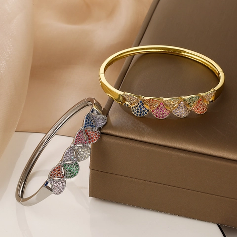 Brazalete Vintage De Lujo Con Circón Colorido En Forma De Abanico Cobre Chapado En Oro Joyería De Gama Alta Para Mujeres