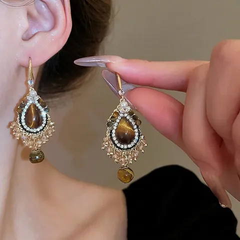 Pendientes Colgantes De Gota De Agua Vintage Con Piedra Ojo De Tigre Estrás Borla Estilo Corte Bohemio Para Mujeres