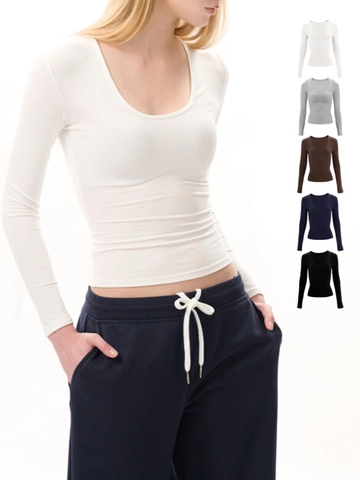 Women Long Sleeve T-Shirt Slim Fit U Neck Ribbed Viscose Modal Knit Crop Top Solid Color Base Layer