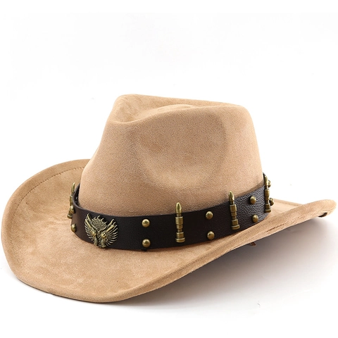 Western Cowboyhut Wildleder Polyester Ledergürtel Adler Abzeichen Kugel Nieten Breite Krempe Vintage Outdoor Herren Damen