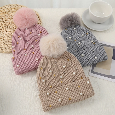 Berretto In Maglia Invernale Da Donna Con Pompon In Pelliccia Sintetica E Künstliche Perle Artificiali Berretto Caldo