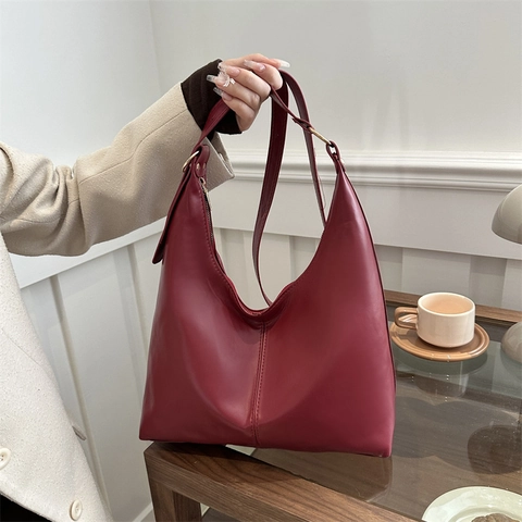 Borsa Hobo In Pelle PU Grande Capacità Per Donna Dettaglio Cuciture Tracolla Regolabile Hardware Dorato Borsa Tote Versatile
