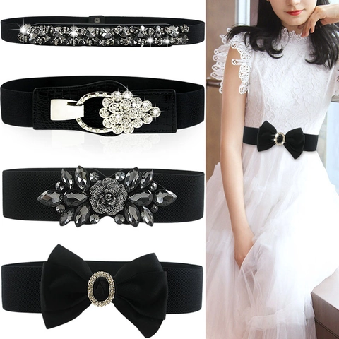 Cintura Corsetto Elastica Donna Larga Ecopelle Cinturino Vita Fibbia Lega Strass Fiore Fiocco Retro Moda Decorazione Vestito Cintura