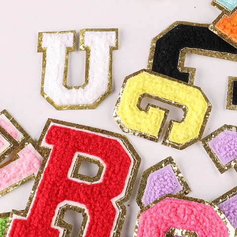 Alphabet Letter Patches Chenille Towel Embroidery Glitter Gold Border Iron On Adhesive For Clothing Bags Hats DIY Decor
