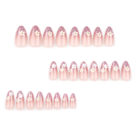 Unghie Finte Pressione Sfumatura Rosa Glitter Stile Francese Con Decorazione Fiori Bianchi Per Donne