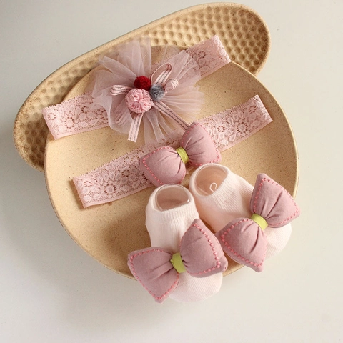Baby Headband And Socks Princess Lace Bow Floral Mesh Crown Hair Accessories For Newborn Infant Birthday Party Celebration