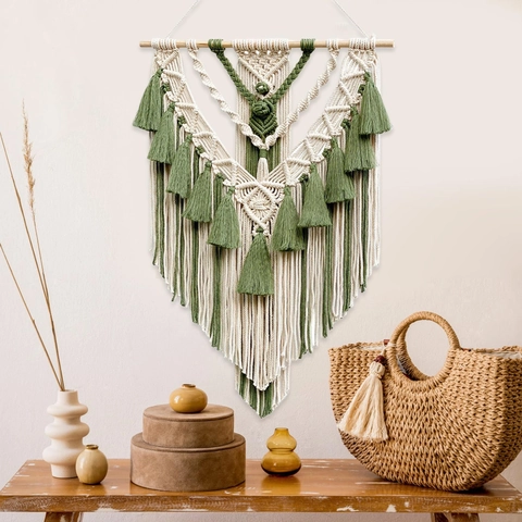 Macrame Wall Hanging Hand-Woven Cotton Rope Tapestry With Wooden Rod Tassel Fringe Bohemian Decor For Home Living Room