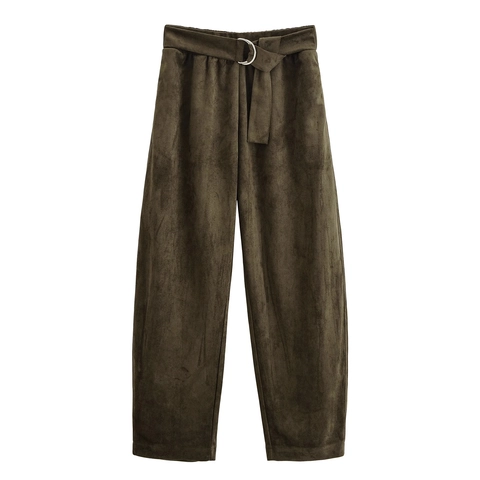 Women High Waist Faux Suede Pants Elegant Elastic Waist Trousers With Belt And D-Ring Buckle Solid Color Straight Leg