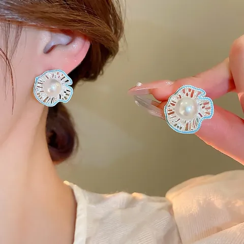 French Retro Hollow Flower Stud Earrings With Blue Enamel And Artificial Pearl With 925 Sterling Silver Earring Post For Women