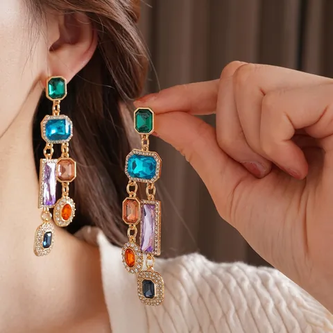 Retro Vintage Colorful Rhinestone Drop Earrings With Silver Earring Post Gold Alloy Geometric Palace Style Women