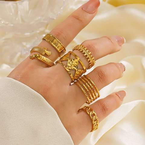 Stainless Steel Opening Ring For Women 18K Gold Plated Geometric Adjustable Multi-Layer Textured Metal Ins Style Fashion Jewelry
