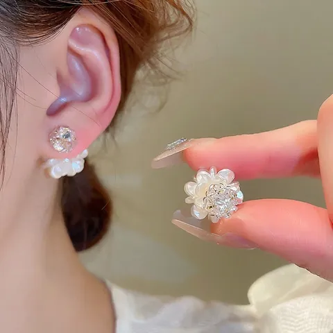 Pendientes Colgantes Con Diseño De Flor De Camelia Con Colgante De Circón Y Poste De Plata Joyería Elegante