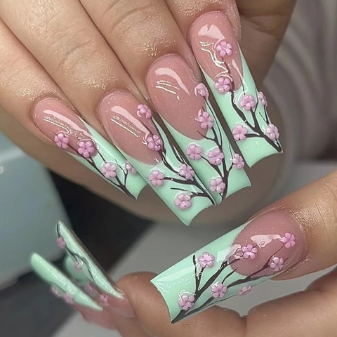 Press On Nails French Tips 3D Flower Embossed Long Square Nude Pink Mint Green False Nails Manicure Art Wearable