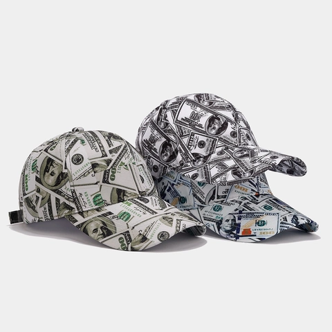 Retro Amerikaanse Honkbalpet Full Print Dollar Bill Poker Patroon Verstelbare Gebogen Rand Zonnehoed Heren Dames