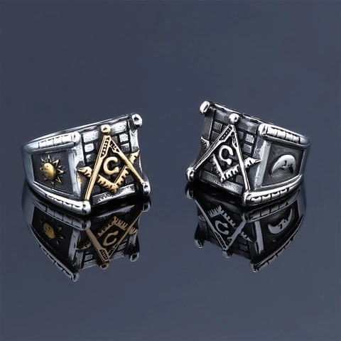 Anello Massonico Da Uomo Vintage Acciaio Inossidabile Sigillo Retro Punk Gotico Luna Sole Bussola Squadra Simbolo Gioielli